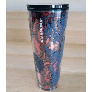 Starbucks Fall Venti Tumbler 24 oz Blue Fern Leaf Pattern Travel Coffee Cup Lid